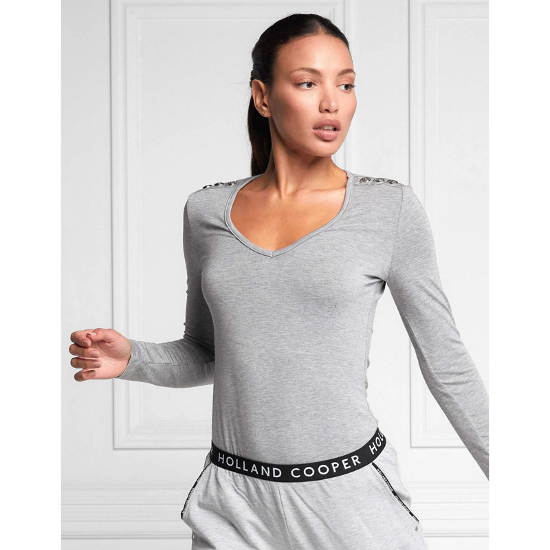 Holland Cooper Long Sleeve Vee Neck Tee - Grey Marl-3